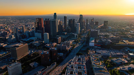 A beautiful city skyline during sunset with tall buildings and colorful sky