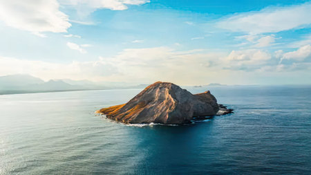 Beautiful aerial shot of rocky island in blue sea with sky and clouds