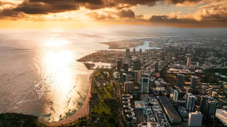 A beautiful aerial shot showing city skyline, river, and sunset sky.
