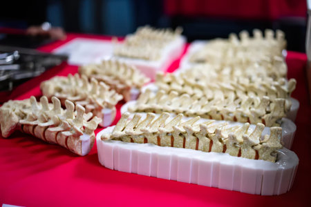 A collection of wooden dragon boat paddles arranged on a red table, traditional sports equipment.