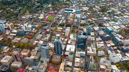 High-angle shot of a busy city with many buildings and streets