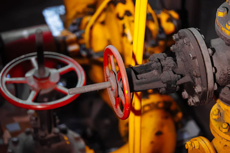 Detailed view of industrial valve with red handle and yellow pipes in a factory setting