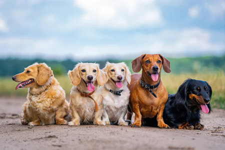 Five dogs of different breeds sitting together on a dirt path outdoors with a cloudy sky.