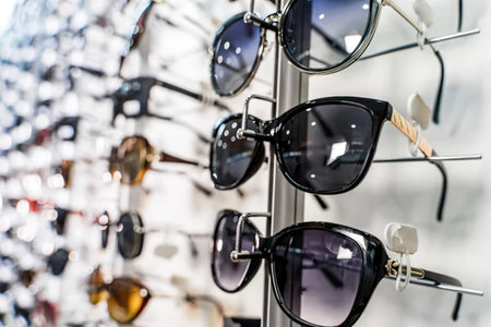 Display of sunglasses on a wall with various styles and colors.