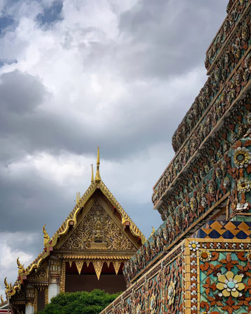 A vibrant Thai temple with detailed architecture and decorative elements.