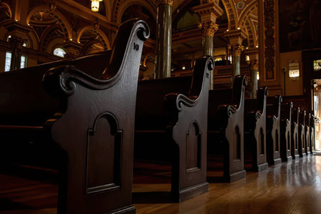 Interior view of dark wooden church pews with ornate ceiling details