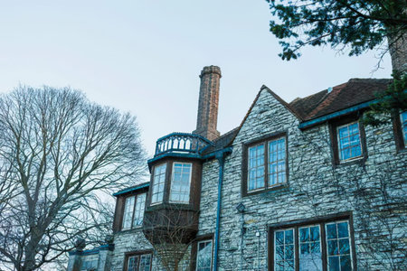 A charming old house with blue windows, a chimney, and surrounded by trees