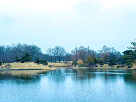 A calm lake surrounded by trees and grass under a clear sky, peaceful landscape.