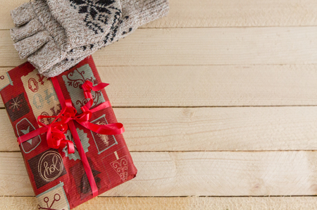 Xmas or New Year background holiday plain composition made of Christmas decorations on a wooden background, top view with copy space
の写真素材