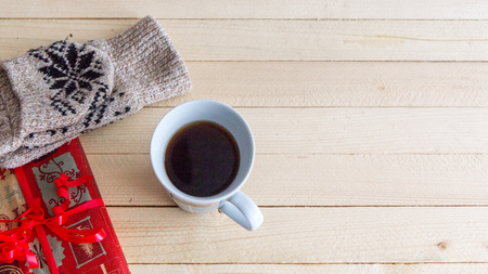 Gift box with  on wood background with space
の写真素材