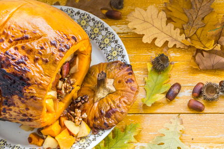 roasted pumpkin of steam, stuffed with fruitの写真素材