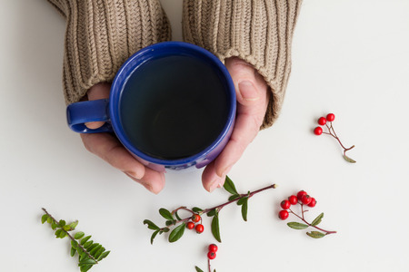tea with green branches on a wooden tableの写真素材