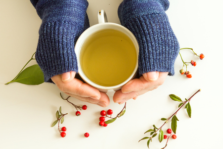 tea with green branches on a wooden tableの写真素材