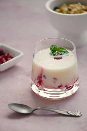 Yogurt with raspberries. Healthy food. Close up.の写真素材