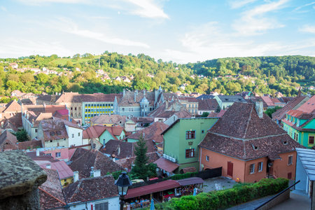 Sighisoara, Romania - August, 2019: Beautiful colorful houses in Sighisoara in typical traditional style. This town is the place Dracula is born. Amazing medieval city in the midle of Transylvania.のeditorial素材