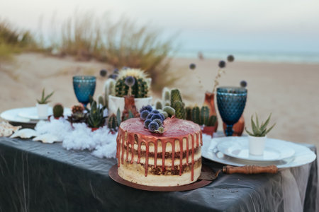 wedding decorated table with succulents and cactus on the sand. wedding cactus and succulents decoration with beautiful naked cake. Ceremony on the beach. Concept party or date on the seaside.の写真素材