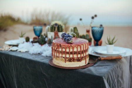 wedding cake with copper cream and succulents. wedding decoration. Naked cake with flowers decor. vanil cake in a bronze color decorated with flowers and cactus on the table. Ceremony on the beachの写真素材