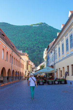Brasov, Romania - August, 2019: View on Brasov sign on a Mount Tampa in Brasov city. Beautiful City center of the biggest town of Transylvania. Opening Europe with small interesting cities. Travellingのeditorial素材