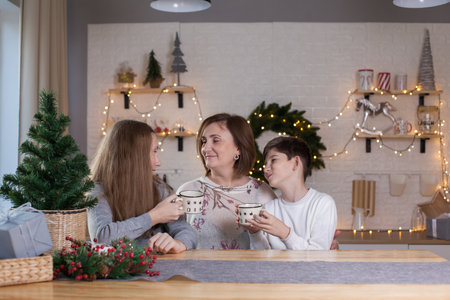 A group of people sitting at a table. family at Christmas time. Mother, daughter and son are sitting at the dining table. Christmas decoration in the kitchen.の写真素材