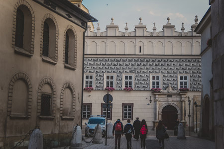 Krakow, Poland - October, 2015: Street with historical houses in Krakow old town. Mala Rynek Street. Small market street. Historic center of Krakow. Schoberovsky house. Lesser Poland Voivodeship.のeditorial素材