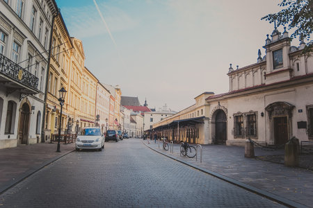 Krakow, Poland - October, 2015: Street with historical houses in Krakow old town. Handsome elegant historic town houses in the old town of the historical city of Krakow A UNESCO world heritage siteのeditorial素材