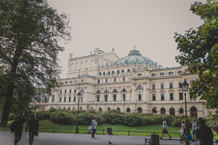 Krakow, Poland - October, 2015: Colorful buildings Juliusz Slowacki theatre in vintage Krakow. The baroque style theatre built in 1892 and continues to feature regular performances of plays and operasのeditorial素材