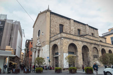 Brescia, Italy - December, 2015: Old medieval cathedral of SantAgata. SantAgata is a 15th-century, Roman Catholic church decorated with Baroque statuary located at Piazza della Vittoria in Bresciaのeditorial素材