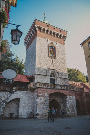 Krakow, Poland - October, 2015: St Florians Gate or Florian Gate in Krakow, Poland, is one of the best known Polish Gothic towers, and a focal point of Krakow Old Town.のeditorial素材