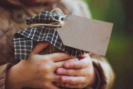 Cropped photo of little girl holds glass jar filled with yellow and green leaves, berries and seeds with empty paper label for your text or logo. Collected autumn treasures. Harvest conceptの写真素材