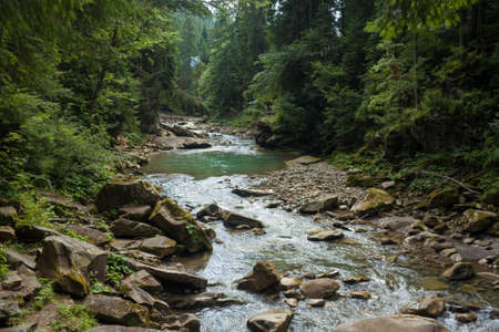 Small river flowing rapidly and vividly through its wild stony valley. Wild hardwood forest accompanies the river along its path. Large dislocated boulders populate the riverbed. Carpathians, Ukraineの写真素材