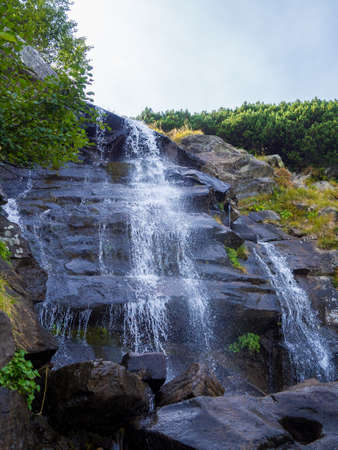 Summer landscape in the mountains. Waterfall under the peak of Hoverla, stormy clean water feeds the river Prut on the background of wild mountain slopes of the Carpathian Mountains.の写真素材