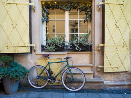 View of New Year or Christmas decoration with bicycle and decorated windows fir tree garland during winter holidays in Lviv city, Ukraine. Christmas installation on the streetの写真素材
