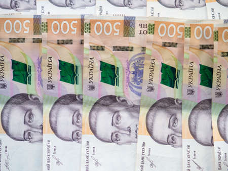 Close up of a set of Ukrainian money with a face value of 500 hryvnia. Background of the five...