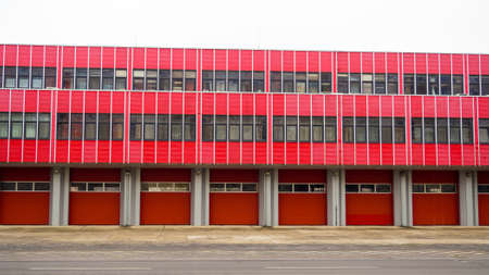 Hajdu-Bihar County Disaster Management Directorate. Professional Fire Department in Debrecen, Hungary. Red facade of modern buildingの写真素材