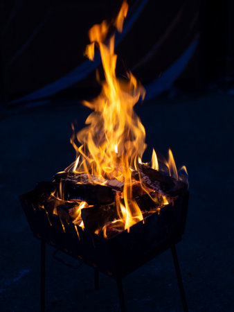 Evening open fire flame outdoors. Red flames of campfire on dark ground at campsite in wild at overcast. Closeup bonfire with firewood on backdrop. Selective focus. Autumn relax camping moodの写真素材