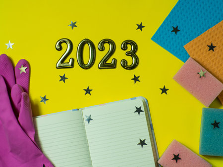 2023 on yellow background with copy space. Housework, housekeeping and household concept - cleaning...