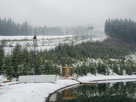 Wooden pier on the winter lake in the Carpathians, Ukraine. Landscapes with coniferous forest on a...