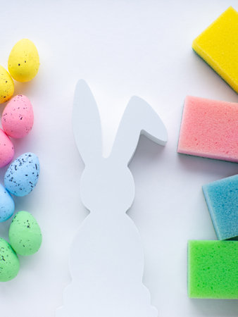 Happy Easter and cleaning concept. White rabbit with Easter eggs and sponges on white background. Easter greating card. Top view, flat lay. Cleaning stuff and colorful eggs. Housekeepingの写真素材