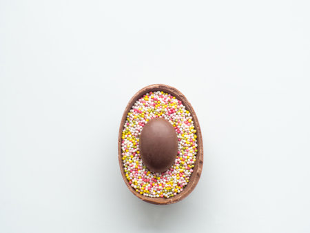 Sweet Easter concept. Chocolate easter egg with sweet sprinkles on white background with copy space. Design for a greeting card for the Easter holiday. Flat lay. Preparation for holiday.の写真素材