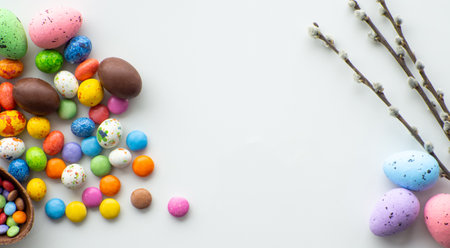 Sweet Easter concept. Colorful and chocolate easter eggs with sweet dragee on white background with...