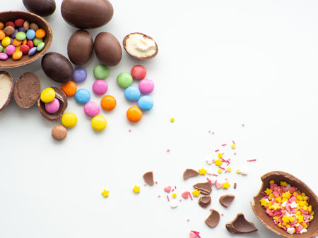 Sweet Easter concept. Colorful and chocolate easter eggs with sweet dragee on white background with...