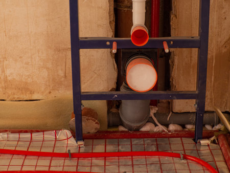 Installing heating and water pipes in apartment. Installing concealed toilet frame in bathroom. Maintenance jobs for water and heating systems. Concept of plumbing and home renovation.の写真素材