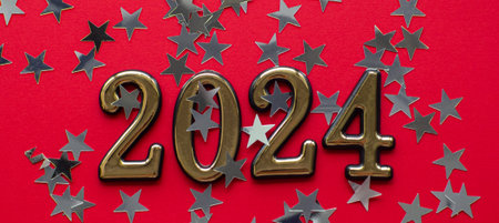 2024 on red background with silver stars. New year flat lay concept of greating card. Festive Christmas backdrop. Merry Christmas and Happy New Year. Silver star shaped confetti.の写真素材