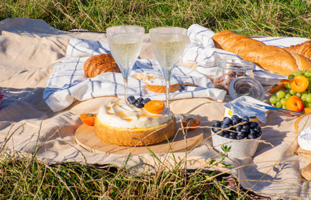 Beige blanket with fruits and pastries, cookies, berries, cheese and baguette. Concept of having picnic for two in a city park during summer holidays or weekends. Copy space. Two glasses of wine.の写真素材