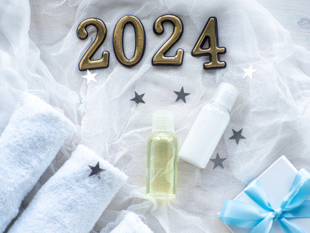 Christmas composition with 2024, towels, giftbox and body care products in bottles. New year Wellness card. Christmas, body and skincare concept. Hygiene and spa, relaxation as a gift for holidays.の写真素材