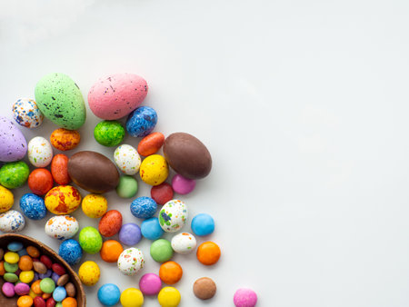 Sweet Easter concept. Colorful and chocolate easter eggs with sweet dragee on white background with copy space. Design for a greeting card for the Easter holiday. Flat lay. Preparation for holiday.の写真素材