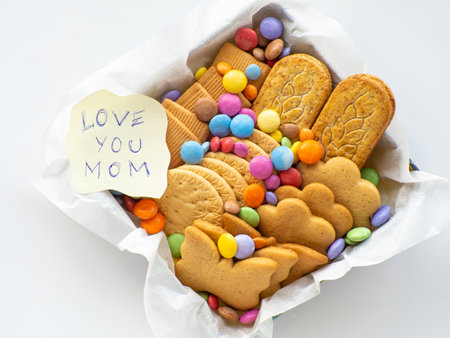 Assorted cookies and candies in the basket with Love you mom note. mothers day concept. Handmade care package, seasonal gift box with candies, dragee and cookies for mother on Valentines or Womens Dayの写真素材