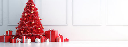 Christmas and New Year concept interior white room with red gift box set for copy space and website. Merry Christmas card. Red Christmas tree with a lot of red gift boxes in white room.の素材