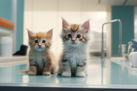 A veterinarians office with animals. The kittens wait for an examination. Small, cute, white and red fluffy kittens sitting in a vet clinic. Pet care. White and red cats lying on the veterinary table.の素材