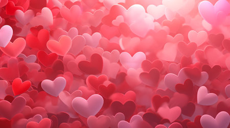 Valentines day greeting card or festive wallpaper. Abstract background of hearts with shadows in red colors. Valentines Day heart pattern background with place for your text. Illustration for design.の素材
